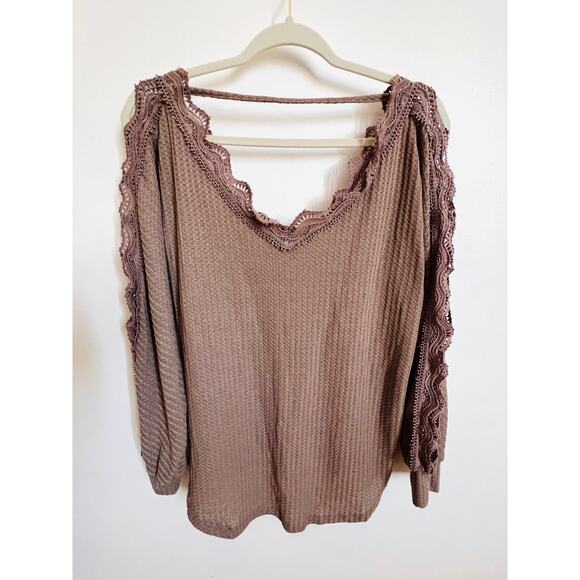 Mia Joy by Joyfolie Lace Trim Waffle Knit Top Small NWOT Boho Mauve Long Sleeve - Picture 6 of 8